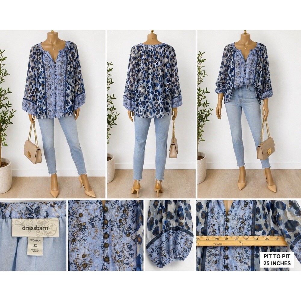 Dress Barn Women's 2X  Blue Animal Print Boho Blouse Studded Embellished Sheer T